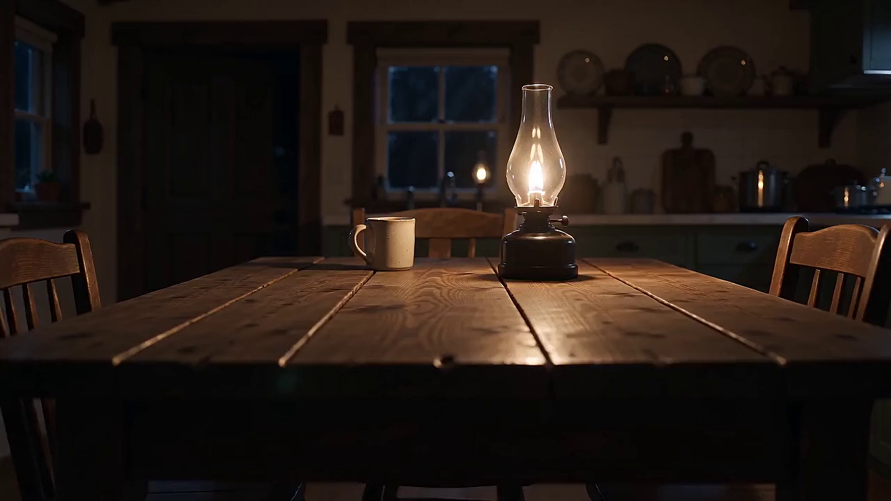 A wooden kitchen table at night, lit by one oil lamp.